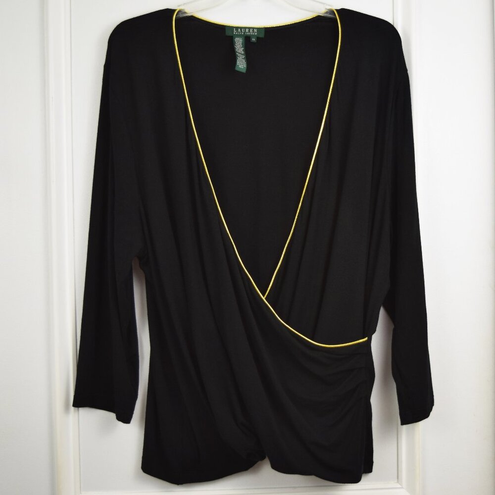 Ralph Lauren Top Women 2X Cross Wrap Front Black Gold Trim Plus Size Balletcore